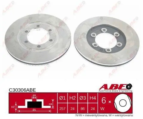 Диск гальмівний передн лів/прав KIA BONGO, K2500, K2700, K2700 II 2.4D-2.9D 09.90- ABE C30306ABE (фото 1)