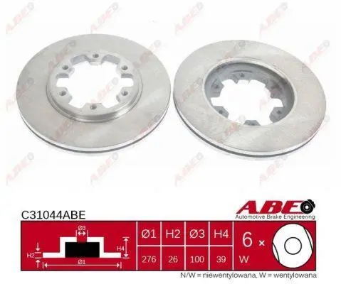 Диск гальмівний передн лів/прав FORD MAVERICK NISSAN NAVARA, PATHFINDER I, PATHFINDER II, PICK UP, SERENA, TERRANO I, TERRANO II 2.0D-3.3 01.82-03.08 ABE C31044ABE (фото 1)