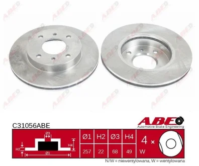 Диск гальмівний передн лів/прав INFINITI G20 NISSAN 180SX, 200SX, 240SX, ALMERA I, ALMERA II, AVENIR, CEDRIC, PRAIRIE PRO, PRIMERA, SENTRA V, SKYLINE 1.5-3.0 10.83-12.06 ABE C31056ABE