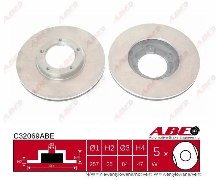 Диск гальмівний передн лів/прав TOYOTA DYNA 100, HIACE III, HILUX IV, HILUX V, HILUX VI, MODEL F VW TARO 1.8-2.5D 12.82-07.05 ABE C32069ABE (фото 1)