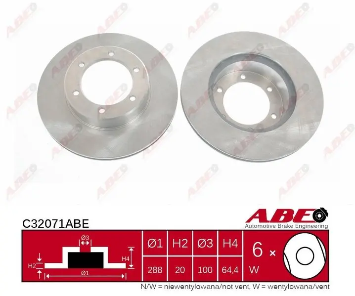 Диск гальмівний передн лів/прав TOYOTA 4 RUNNER I, 4 RUNNER II, 4 RUNNER III, HIACE IV, HILUX IV, HILUX V, HILUX VI VW TARO 2.2-3.0D 01.84-10.05 ABE C32071ABE (фото 1)