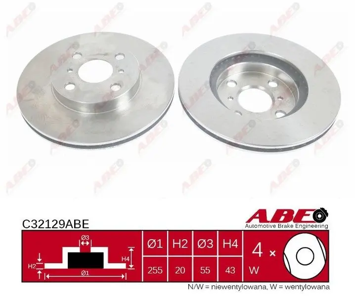 Диск гальмівний передн лів/прав TOYOTA BB I, IST, MR2 III, PLATZ, PORTE I, PROBOX / SUCCEED, RAUM, RAV 4 IV, VIOS / SOLUNA VIOS, WILL CYPHA I, YARIS, YARIS VERSO 1.0-2.2D 04.99-11.18 ABE C32129ABE (фото 1)