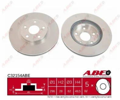 Диск гальмівний передн лів/прав LEXUS ES TOYOTA AURIS, AVALON, BB I, CAMRY, GT 86, IST, MARK X ZIO I, MIRAI, PRIUS C, PRIUS PLUS, PROBOX / SUCCEED, RAV 4 III, RAV 4 IV 1.3-Electric 01.00- ABE C32154ABE