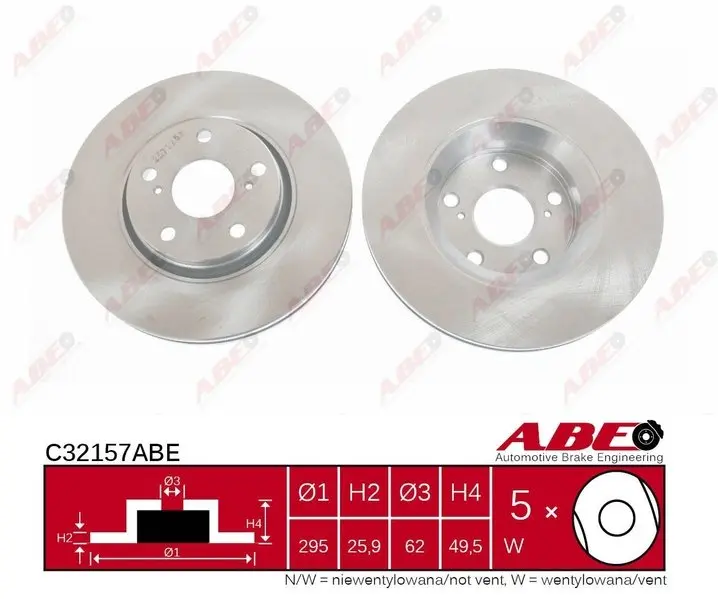 Диск гальмівний передн лів/прав TOYOTA AURIS, AVENSIS, COROLLA, COROLLA VERSO, VERSO 1.33-2.2D 04.04-10.18 ABE C32157ABE (фото 1)