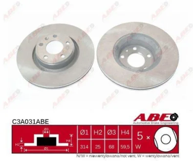 Диск гальмівний передн лів/прав AUDI A6 ALLROAD C6, A6 C6 2.0-5.2 05.04-08.11 ABE C3A031ABE