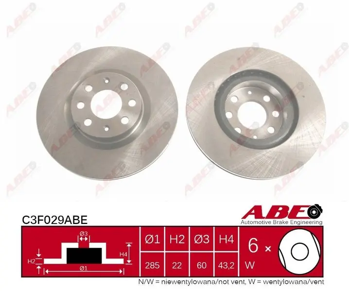 Диск гальмівний передн лів/прав FIAT 500, 500 C, DOBLO, GRANDE PUNTO, PUNTO, PUNTO EVO OPEL ADAM, CORSA D, CORSA E 0.9-1.9D 10.01- ABE C3F029ABE (фото 1)