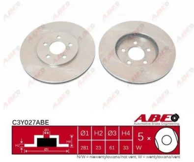 Диск гальмівний передн лів/прав CHRYSLER CIRRUS, SEBRING, STRATUS DODGE AVENGER, STRATUS PLYMOUTH BREEZE 2.0-3.0 05.94-12.10 ABE C3Y027ABE