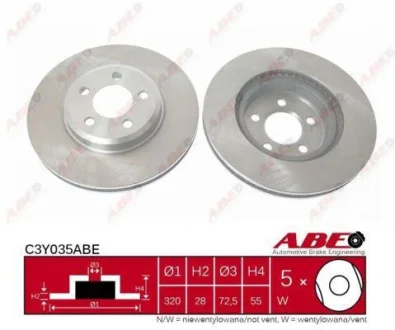 Диск гальмівний передн лів/прав (320ммx28,1мм) ABARTH PUNTO EVO CHRYSLER 300 C, 300C DODGE CHALLENGER, CHALLENGER SE, CHALLENGER SRT8, CHARGER, MAGNUM, MAGNUM II 09.04- ABE C3Y035ABE