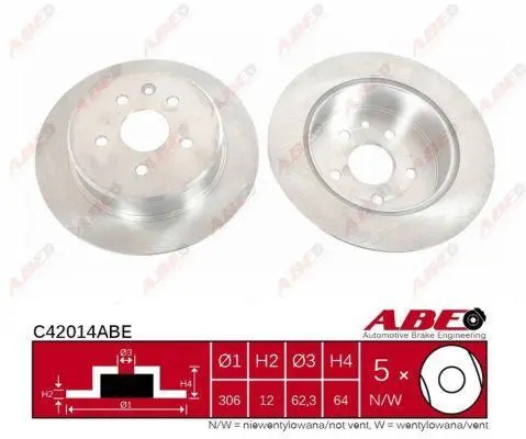 Диск гальмівний задн лів/прав LEXUS GS, IS I, IS SPORTCROSS, SC TOYOTA ALTEZZA, ALTEZZA GITA, ARISTO, CELSIOR, MARK II IX, VEROSSA 2.0-4.3 08.97-07.10 ABE C42014ABE (фото 1)