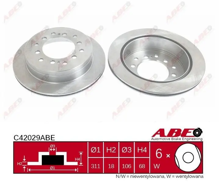 Диск гальмівний задн лів/прав LEXUS GX TOYOTA 4 RUNNER IV, CALDINA, FJ CRUISER, FORTUNER, LAND CRUISER, LAND CRUISER 90, LAND CRUISER PRADO, SEQUOIA 1.8-4.7 02.92- ABE C42029ABE (фото 1)
