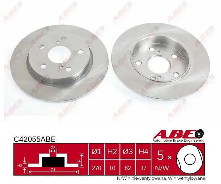 Диск гальмівний задн лів/прав TOYOTA AURIS, COROLLA, IST, YARIS VERSO VW PASSAT B6 1.2-2.2D 03.00-08.19 ABE C42055ABE (фото 1)