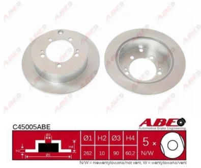 Диск гальмівний задн лів/прав CHRYSLER SEBRING MITSUBISHI ECLIPSE II, ECLIPSE III, LANCER CARGO, LANCER VII, OUTLANDER I, OUTLANDER II, OUTLANDER III, SPACE RUNNER 1.3-3.0 05.95-12.22 ABE C45005ABE