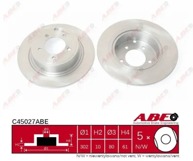 Диск гальмівний задн лів/прав CHRYSLER 200, SEBRING DODGE AVENGER, CALIBER JEEP COMPASS, PATRIOT MITSUBISHI ASX, LANCER VIII, OUTLANDER II, OUTLANDER III 1.5-3.6ALK 06.06- ABE C45027ABE