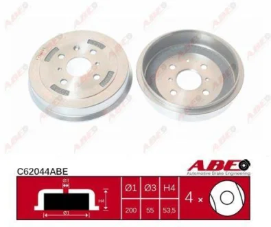 Гальмівний барабан задн CITROEN C1, C1 II PEUGEOT 107, 108 TOYOTA AYGO 1.0/1.2/1.4D 06.05- ABE C62044ABE