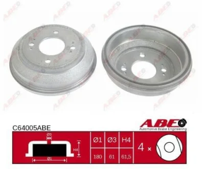 Гальмівний барабан задн HONDA CITY III, CIVIC III, CIVIC IV, CIVIC V, CIVIC VI, CRX I, CRX II, CRX III, DOMANI, INTEGRA ROVER 200 I 1.2-1.6 08.83-08.01 ABE C64005ABE