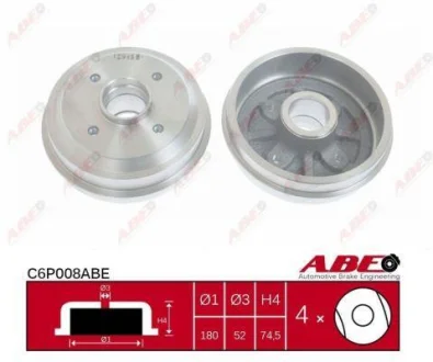 Гальмівний барабан задн CITROEN AX, SAXO PEUGEOT 106 I, 106 II, 206, 206+ 1.0-Electric 04.87- ABE C6P008ABE