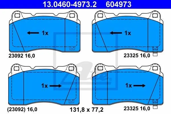Комплект гальмівних колодок передн, CHEVROLET CORVETTE CHRYSLER 300C DODGE CHALLENGER, CHARGER HONDA CIVIC IX, CIVIC X MITSUBISHI CARISMA, LANCER VI, LANCER VII 1.8-Electric 01.98- ATE 13.0460-4973.2 (фото 1)