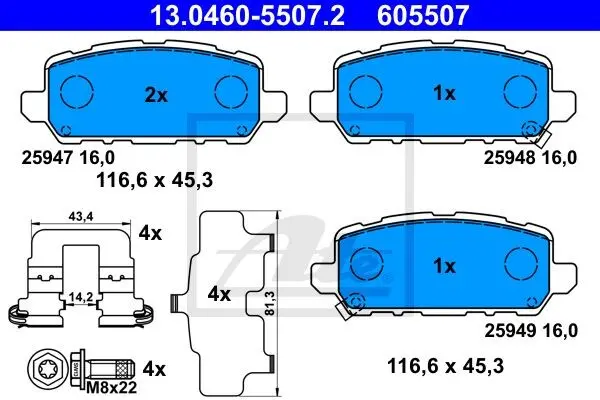 Комплект гальмівних колодок задн, HONDA HR-V 1.5-1.8 11.14- ATE 13.0460-5507.2 (фото 1)