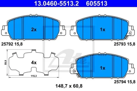 Комплект гальмівних колодок передн, HONDA ACCORD IX, HR-V 1.5-3.5 09.12- ATE 13.0460-5513.2