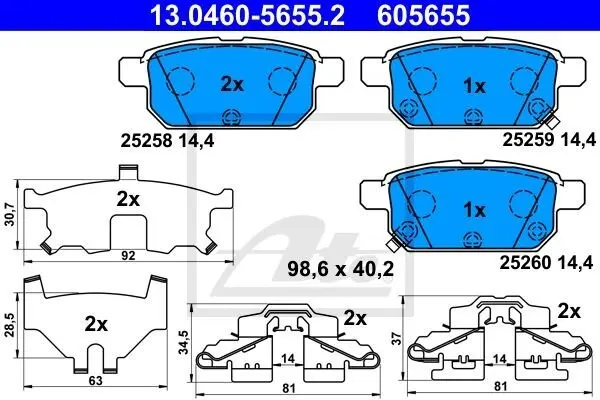 Комплект гальмівних колодок задн, SUZUKI S-CROSS, SWIFT IV, SWIFT V, SX4 S-CROSS, VITARA 1.0-1.6D 10.10- ATE 13.0460-5655.2 (фото 1)