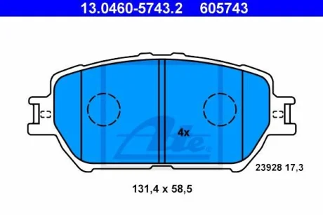 Комплект гальмівних колодок передн, LEXUS IS II TOYOTA CAMRY, LAND CRUISER PRADO, MARK X I, WISH 1.8-4.0 08.01-03.13 ATE 13.0460-5743.2