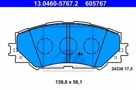 Колодки гальмівні (передні) Toyota Corolla 01-18/Auris 07-12/Rav4 III 05-/Yaris/Prius+ 12- ATE 13.0460-5767.2