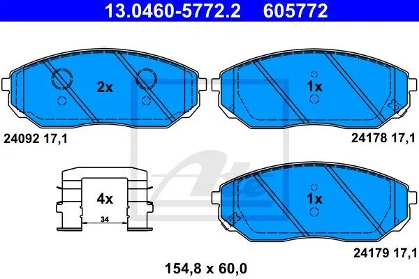 Комплект гальмівних колодок передн, KIA SORENTO I 2.4-3.5 08.02-12.11 ATE 13.0460-5772.2 (фото 1)