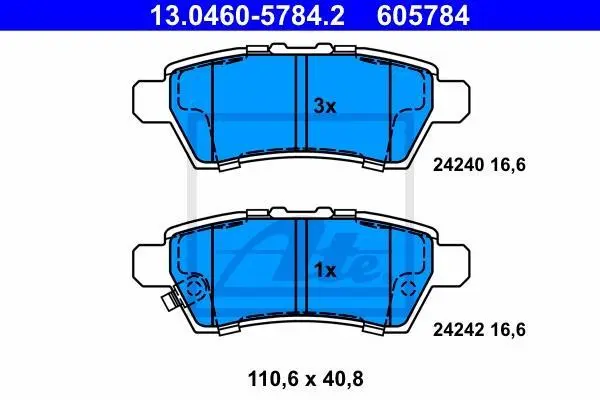 Комплект гальмівних колодок задн, NISSAN NAVARA NP300, PATHFINDER III, XTERRA 2.5D/3.0D/4.0 10.04- ATE 13.0460-5784.2 (фото 1)