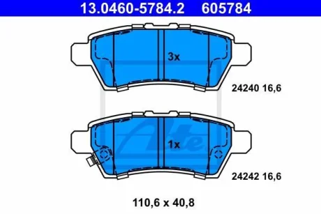 Комплект гальмівних колодок задн, NISSAN NAVARA NP300, PATHFINDER III, XTERRA 2.5D/3.0D/4.0 10.04- ATE 13.0460-5784.2