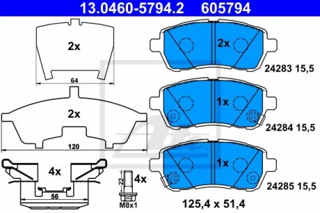 Комплект гальмівних колодок передн, DAIHATSU MRIA, SIRION FORD FIESTA VI MAZDA 2 SUBARU JUSTY IV SUZUKI BALENO, SWIFT IV, SWIFT V 1.0-1.6D 01.05- ATE 13.0460-5794.2