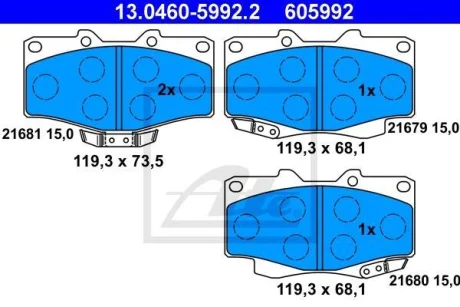 Комплект гальмівних колодок передн, TOYOTA 4 RUNNER II, 4 RUNNER III, HILUX V, HILUX VI, HILUX VII, LAND CRUISER, LAND CRUISER 90 2.4-4.2D 11.84- ATE 13.0460-5992.2