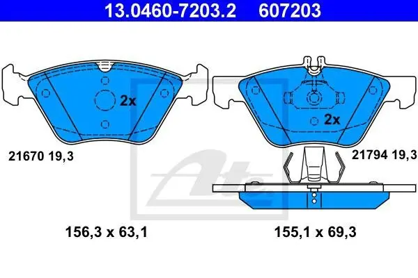 Комплект гальмівних колодок передн, MERCEDES E T-MODEL (S211), E (W211), S (W220, V220) 2.6-3.7 03.03-07.09 ATE 13.0460-7203.2 (фото 1)