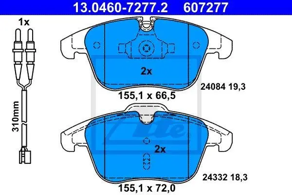 Комплект гальмівних колодок передн, PEUGEOT 407, 508, 508 I 1.6-2.2D 05.04- ATE 13.0460-7277.2 (фото 1)