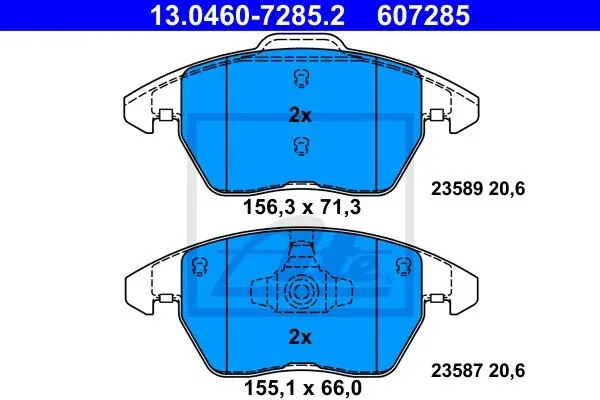 Комплект гальмівних колодок передн, AUDI A1 SEAT IBIZA IV, IBIZA IV SC, IBIZA IV ST VW BEETLE, JETTA IV, JETTA VII, POLO V, POLO VIVO 1.0-2.5 03.08- ATE 13.0460-7285.2 (фото 1)