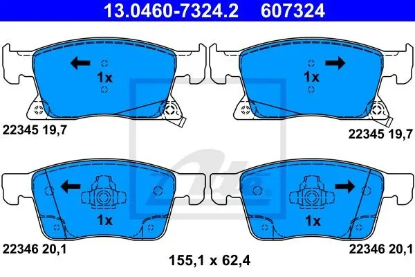 Комплект гальмівних колодок передн, OPEL ASTRA K 1.0-1.6D 06.15-12.21 ATE 13.0460-7324.2 (фото 1)