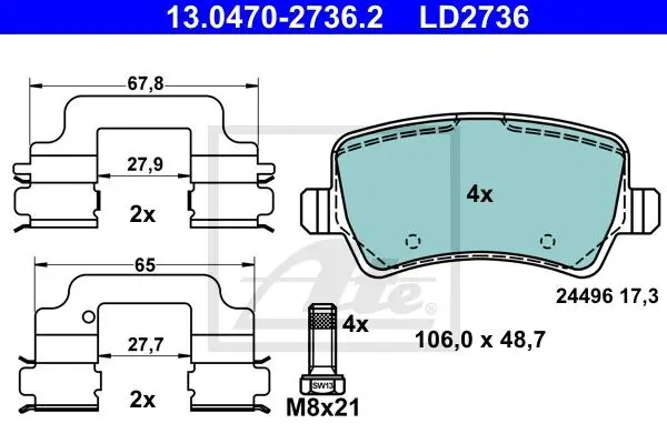Керамічні гальмівні колодки задн, VOLVO S60 II, S80 II, V60 I, V70 III, XC60 I, XC70 II 1.5-4.4 03.06-12.18 ATE 13.0470-2736.2 (фото 1)