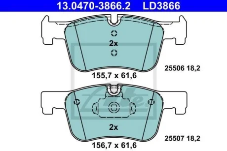 Керамічні гальмівні колодки передн, BMW 1 (F20), 1 (F21), 2 (G42, G87), 3 (F30, F80), 3 (F31), 3 (G20, G80, G28), 3 (G21, G81), 3 GRAN TURISMO (F34), 4 (F32, F82), 4 (F33, F83) 1.5-2.0DH 07.11- ATE 13.0470-3866.2
