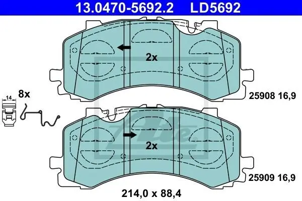 Керамічні гальмівні колодки передн, AUDI A6 ALLROAD C8, A6 C8, A7, A8 D5, Q7, Q8 VW TOUAREG 2.0-4.0H 01.15- ATE 13.0470-5692.2 (фото 1)