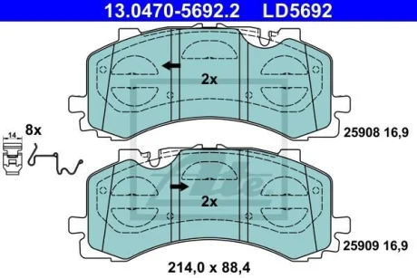 Керамічні гальмівні колодки передн, AUDI A6 ALLROAD C8, A6 C8, A7, A8 D5, Q7, Q8 VW TOUAREG 2.0-4.0H 01.15- ATE 13.0470-5692.2