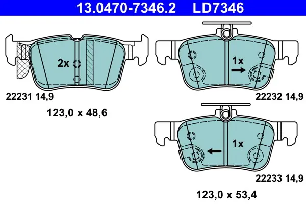 Керамічні гальмівні колодки задн, FORD FOCUS IV, GALAXY III, GALAXY MK III, KUGA II, KUGA III, MONDEO V, S-MAX FORD USA EDGE, FUSION 1.0-2.5H 09.12- ATE 13.0470-7346.2 (фото 1)