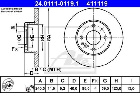 Диск гальмівний (задній/передній) Fiat Panda 03-/Ford Ka 08- (240.5x11) ATE 24.0111-0119.1