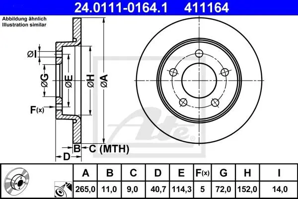 Диск гальмівний задн лів/прав HYUNDAI TUCSON KIA SPORTAGE II MAZDA 3 1.3-2.2D 10.03-09.14 ATE 24.0111-0164.1 (фото 1)