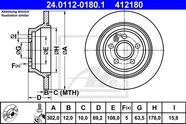 Диск гальмівний задн лів/прав VOLVO S80 II, V70 III, XC70 II 1.6-4.4 03.06-12.16 ATE 24.0112-0180.1 (фото 1)