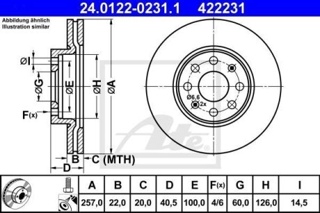 Диск гальмівний (передній) Fiat Punto 08-/Opel Corsa D/E 06- (256x22) (з покриттям) (вентильований) ATE 24.0122-0231.1