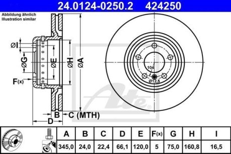 Диск гальмівний (задній) BMW 1 (F20/F21)/3 (F30/F31)/4 (F32/F36) 11- (345x24) B37/N13/N47/N55 ATE 24.0124-0250.2