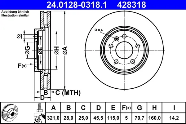 Диск гальмівний передн лів/прав OPEL INSIGNIA B, INSIGNIA B COUNTRY, INSIGNIA B GRAND SPORT 1.5-2.0D 03.17- ATE 24.0128-0318.1 (фото 1)
