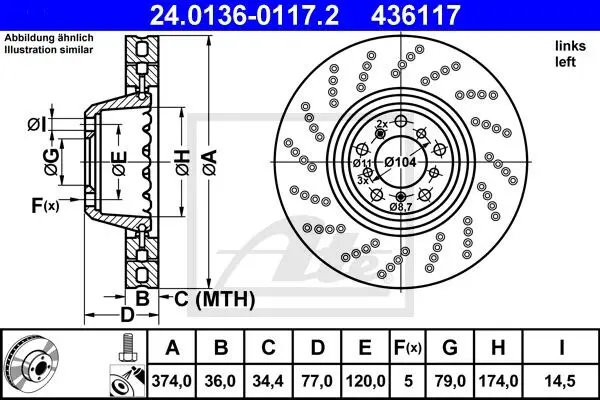 Двочастинний гальмівний диск передн лів BMW 5 (E60), 5 (E61), 6 (E63), 6 (E64) 5.0 09.04-12.10 ATE 24.0136-0117.2 (фото 1)