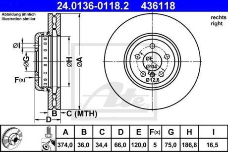Диск гальмівний (передній) BMW 5 (F07/F10/F11)/7 (F01-F04) 09- (374x36) (R) ATE 24.0136-0118.2
