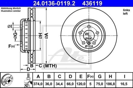 Диск гальмівний (передній) BMW 5 (F07/F10/F11)/7 (F01-F04) 09- (374x36) (L) ATE 24.0136-0119.2