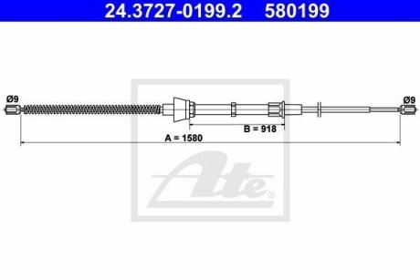 Трос ручника Skoda Fabia 99-08/VW Polo 01-09 (L=1580mm) ATE 24.3727-0199.2